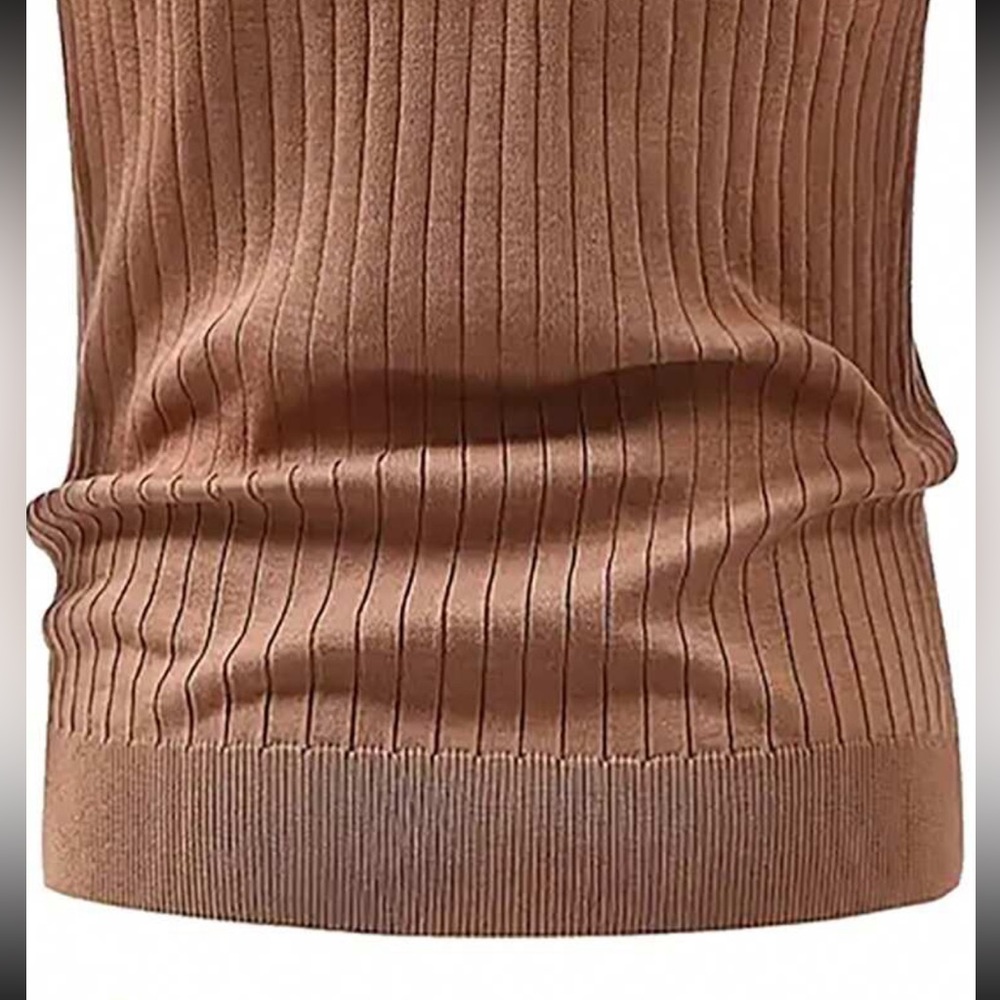 Brown / tan Men’s button v neck collared polo short sleeve rib knit shirt - Picture 3 of 4
